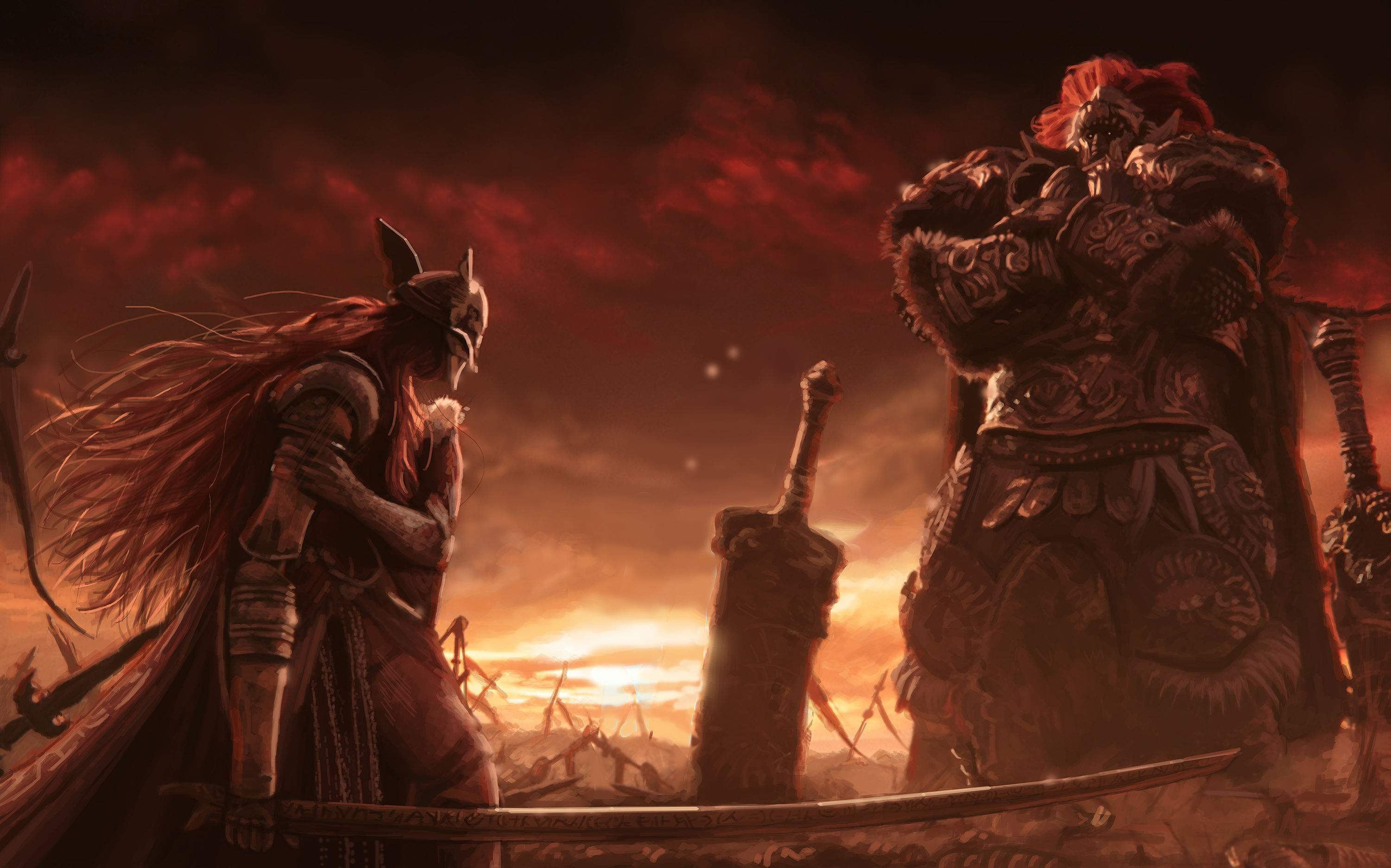 Screenshot of a game cutscene, showing two demigods fighting each other.